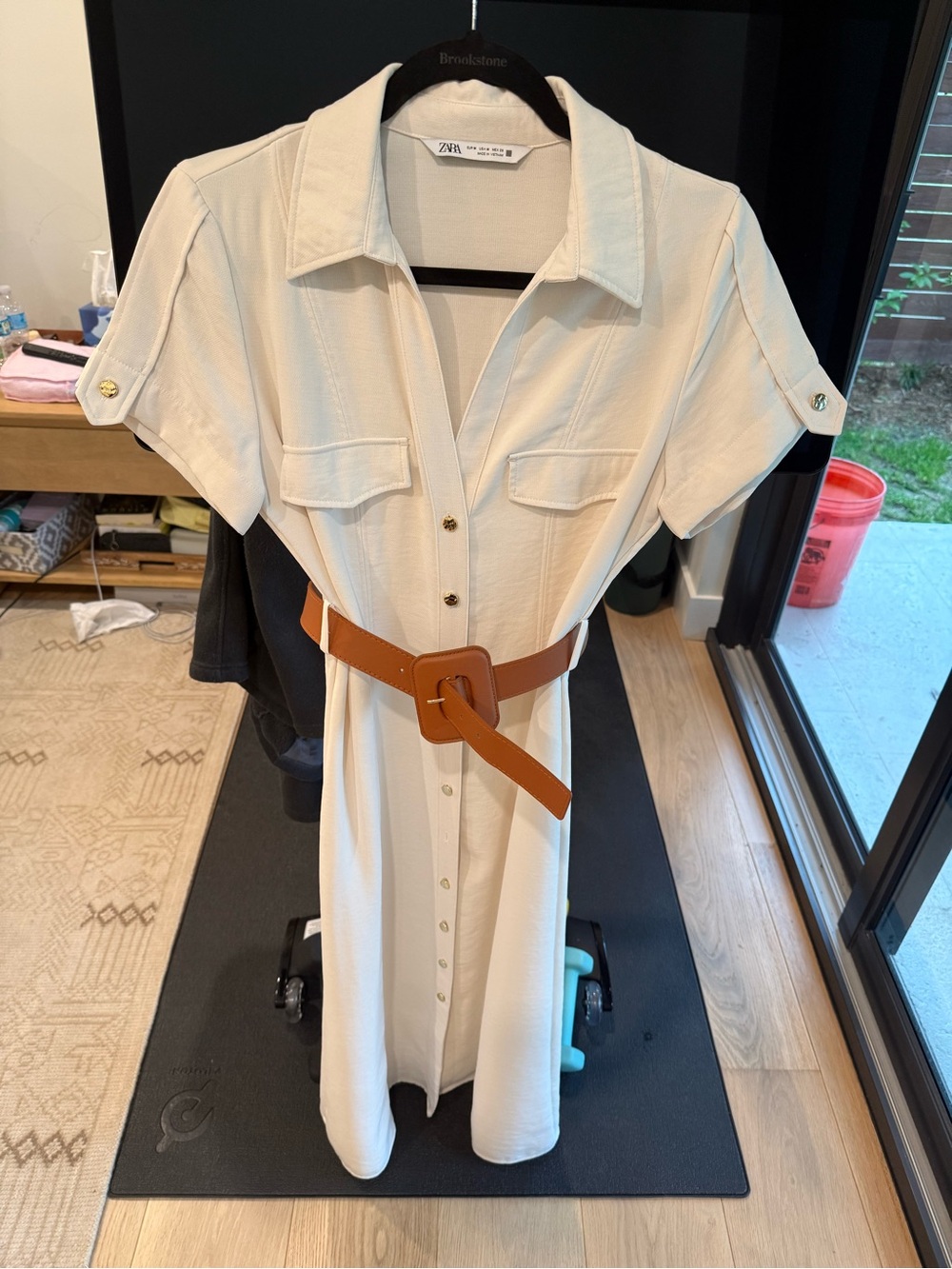Zara Cream Button-Front Midi Dress with Tan Belt